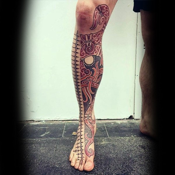 Accurate painted nice looking mystical ornaments tattoo on whole leg