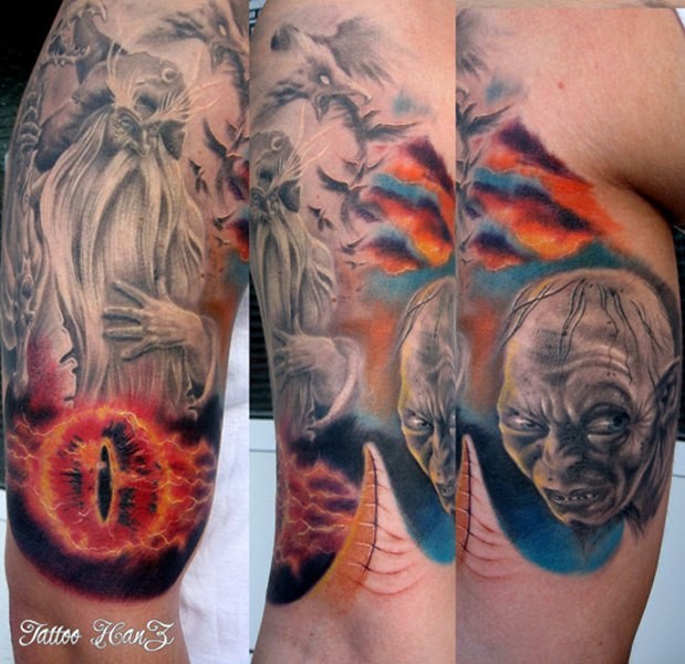 Accurate very detailed and colored Lord of the Rings themed colored tattoo on shoulder with Gollum