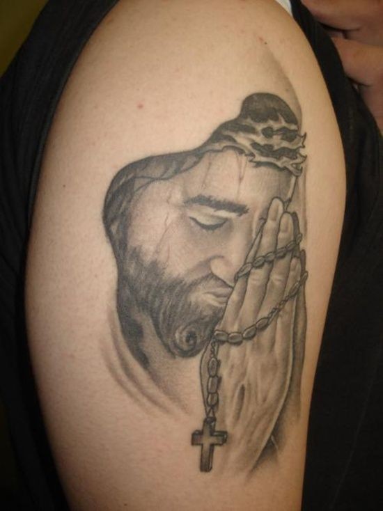 Adorable jesus praying tattoo on shoulder