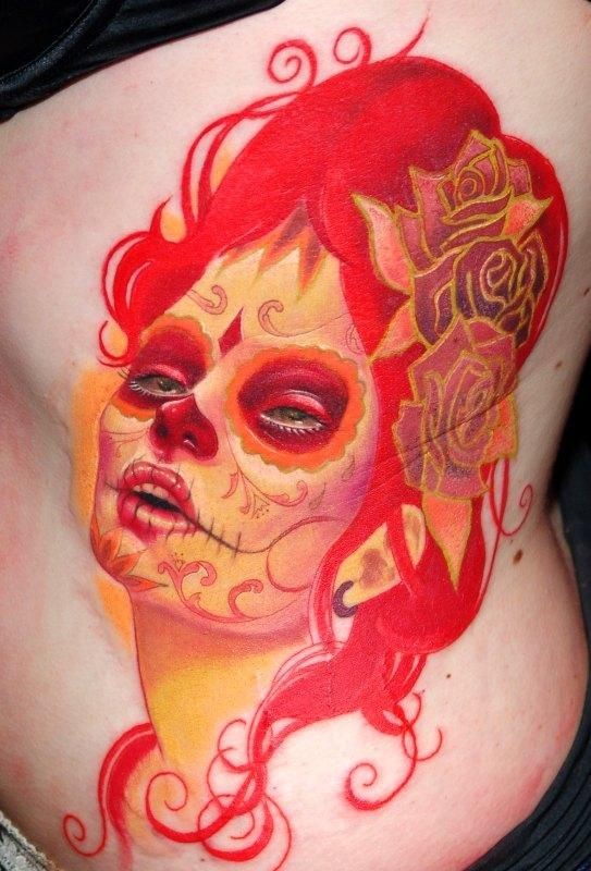 Adorable red santa muerte girl tattoo on ribs