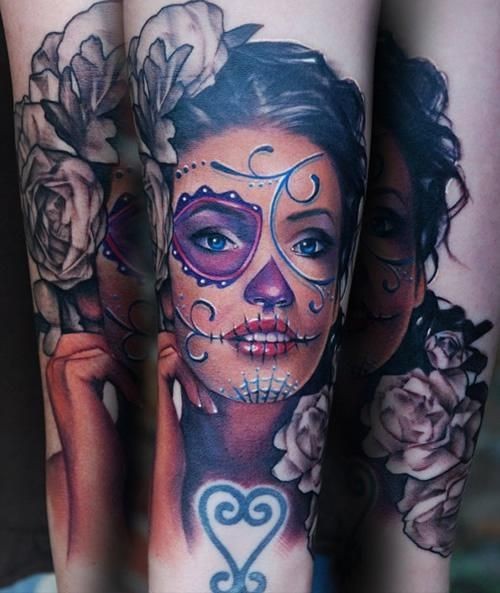 Adorable santa muerte girl with dark roses forearm tattoo