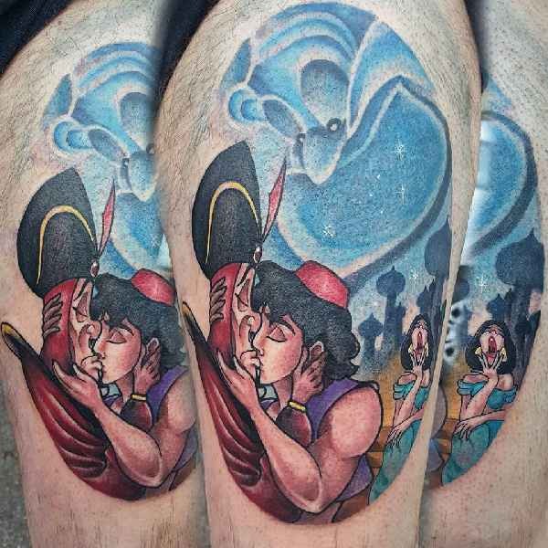 Aladin cartoon style colored thigh tattoo of various heroes
