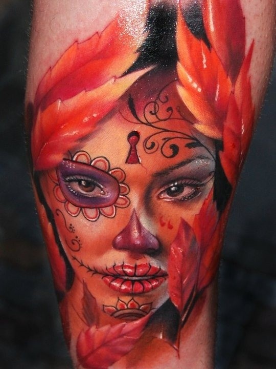 Amasing beautiful santa muerte with red autumn leaves tattoo