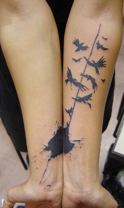 Amazing black ink birds forearm tattoo by Xoil