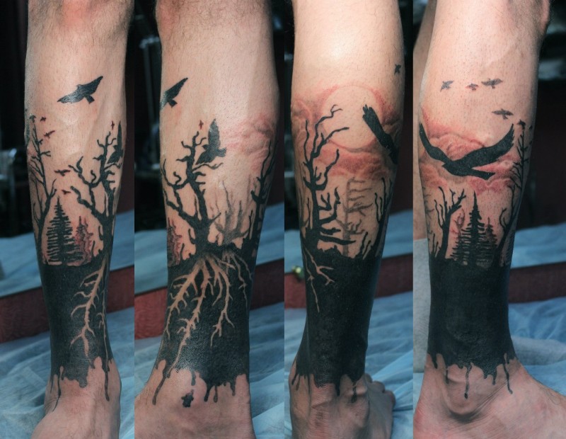 Tatuaje en la pierna, árboles y aves
