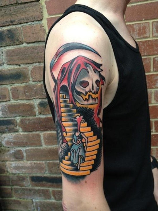 Amazing coloured grim reaper tattoo
