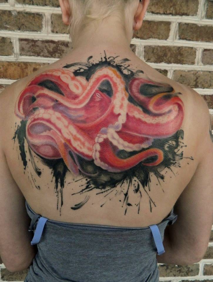 Amazing great red octopus tattoo on back