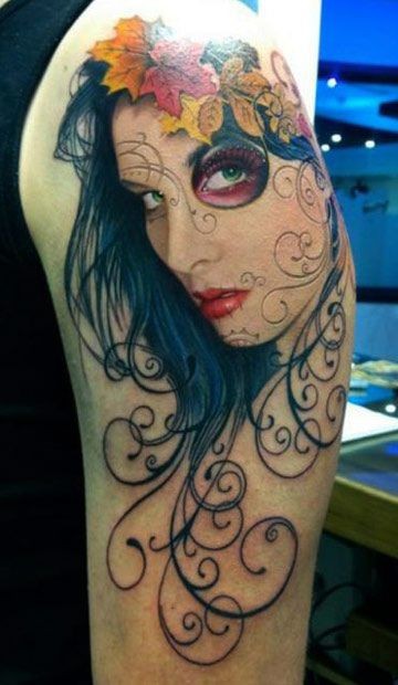 Amazing half girl half santa muerte girl tattoo