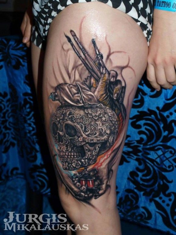 Amazing idea of skull tattoo by Jurgis Mikalauskas