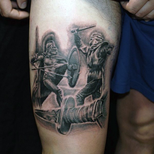 Amazing 3D like black ink Spartan fight tattoo on thigh