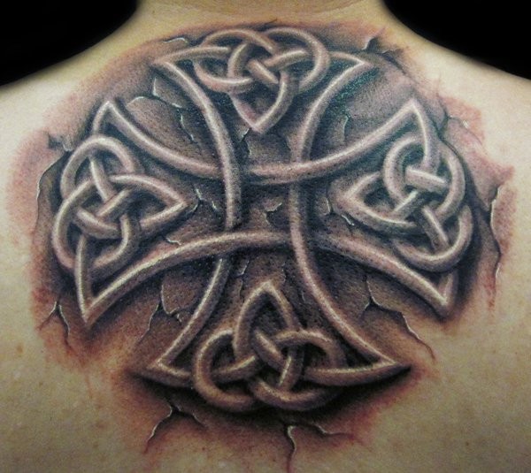 Amazing 3d realistic cross tattoo on back