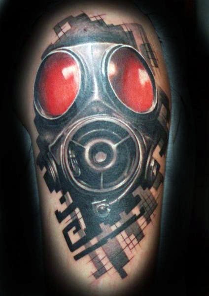 Amazing 3D style colored shoulder tattoo of gas mask