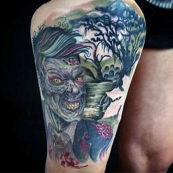 Amazing and accurate colored thigh tattoo of bloody zombie in swamp