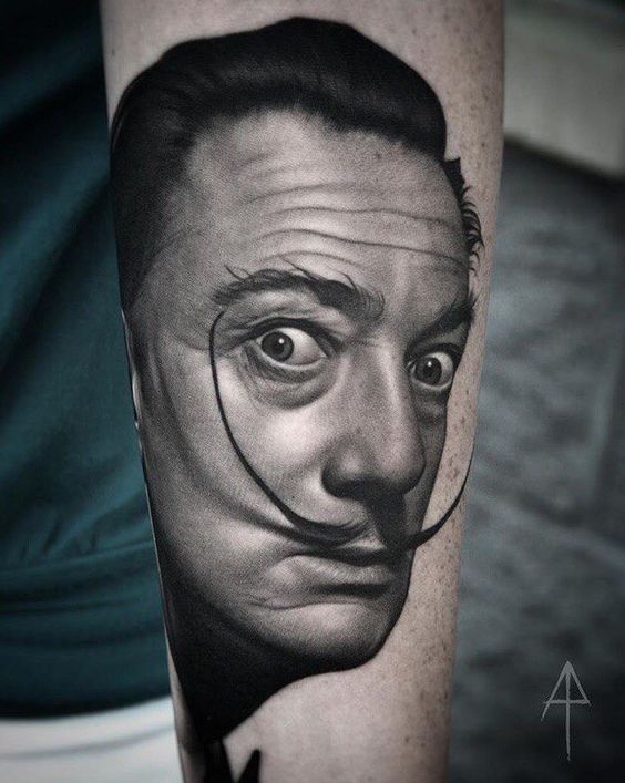 Amazing black grey portrait of Salvador Dali tattoo