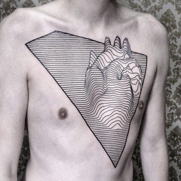 Amazing black ink linework style chest tattoo of human heart