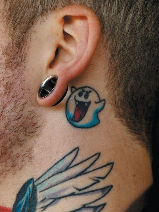 Amazing cartoon ghost tattoo behind ear