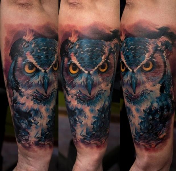Amazing colored arm tattoo of very detailed owl