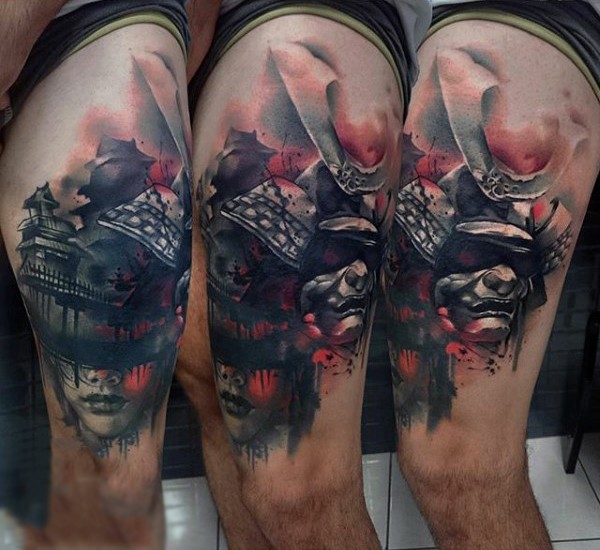 Amazing colored demonic samurai helmet tattoo on thigh
