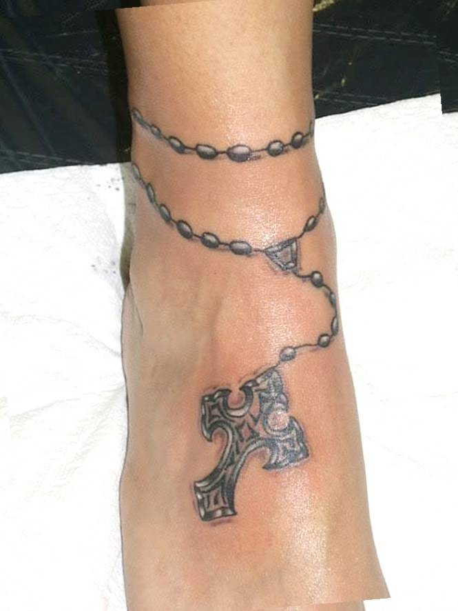Amazing cross ink ankle bracelet tattoo