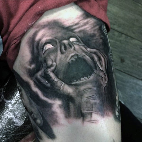 Amazing designed colored horrifying tattoo on screaming monster