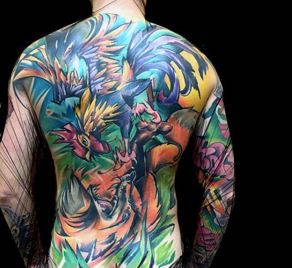Amazing designed massive colorful wild life with animals tattoo on whole back