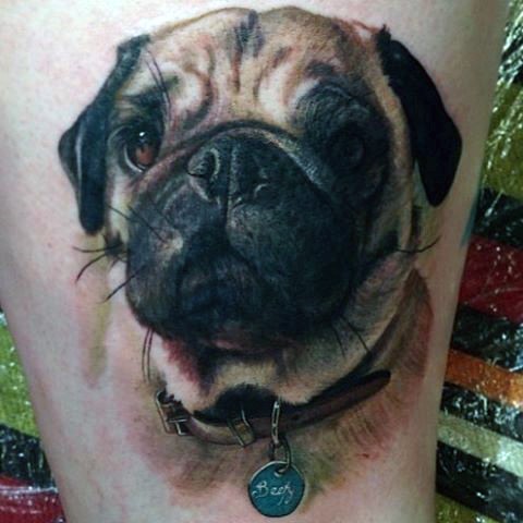 Tatuaje  en la pierna, perro bonito  con collar precioso