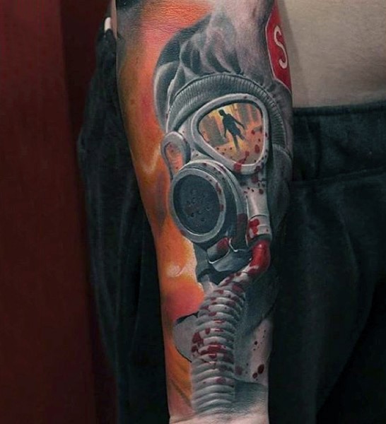 Amazing detailed multicolored forearm tattoo of bloody man in mask