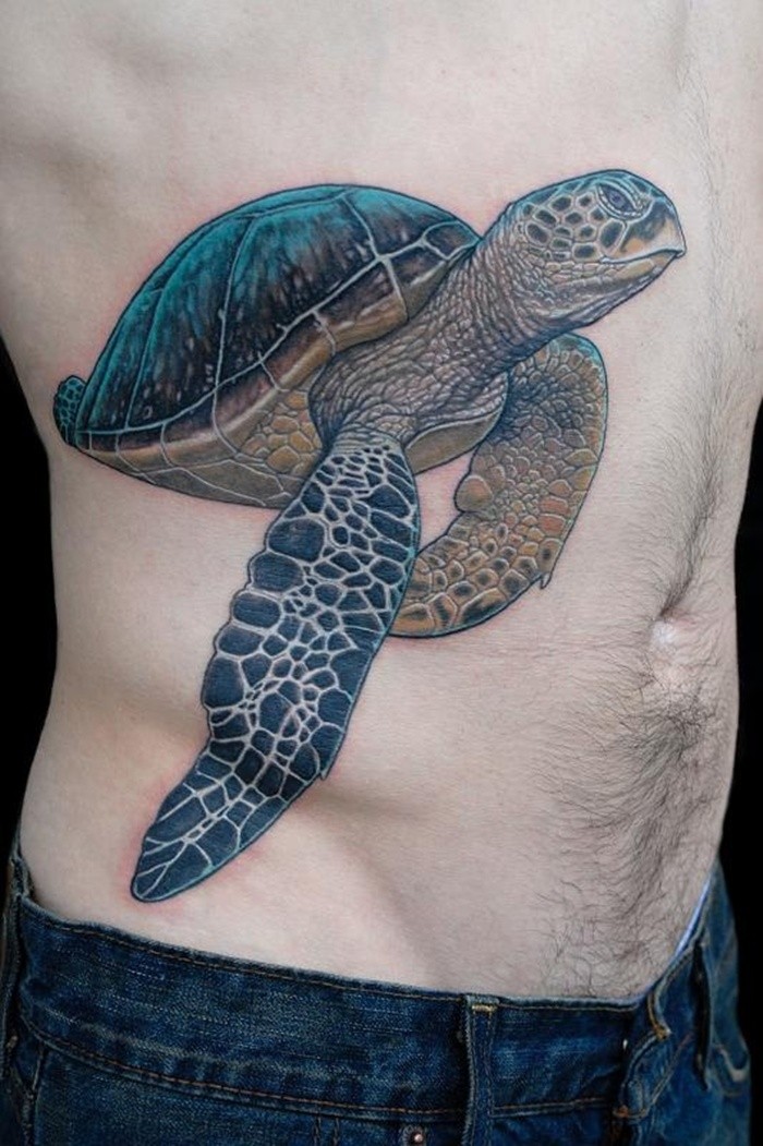 Amazing detailed turtle tattoo on ribs by Deano Cook