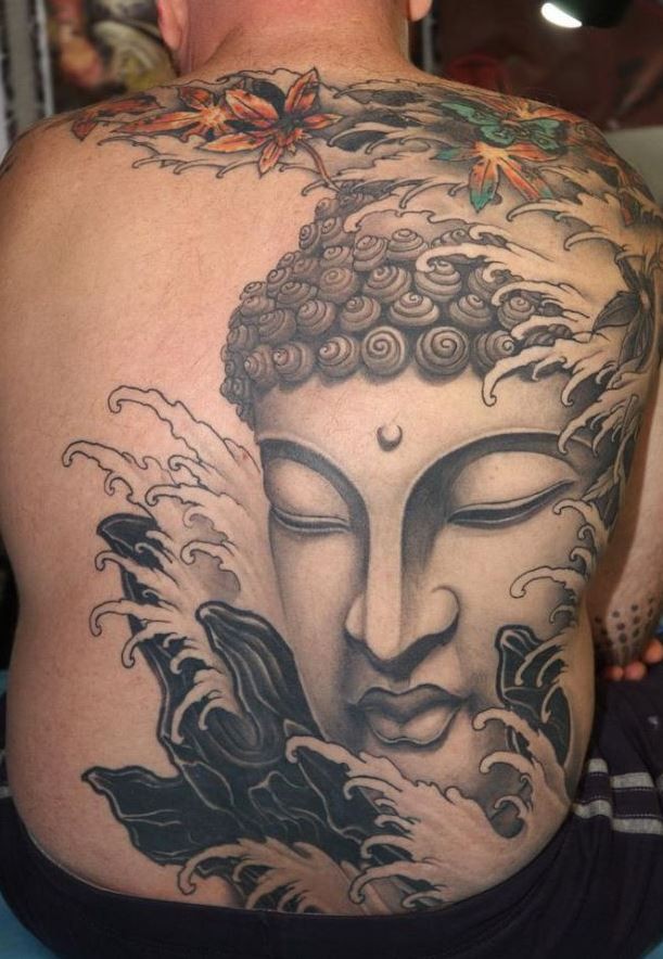 Amazing face buddha tattoo on whole back
