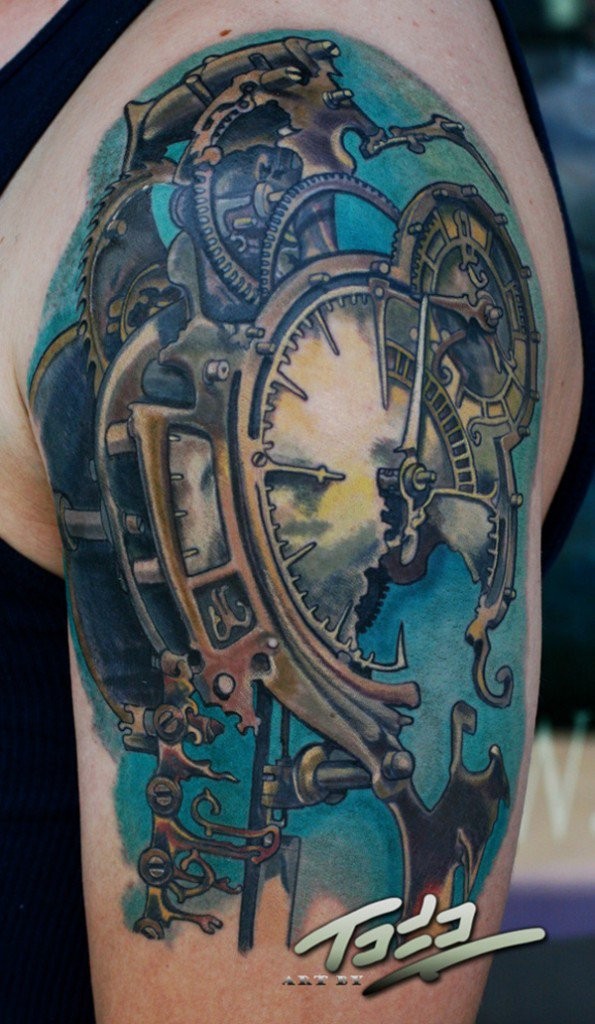 Amazing fantasy world like sampled clock tattoo on shoulder
