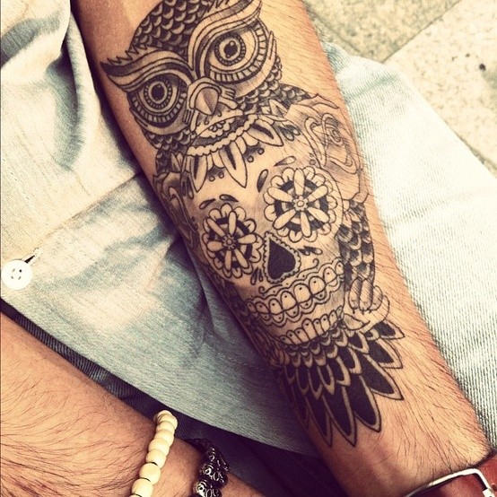 Amazing gray-ink owl with skull tattoo for guys on forearm