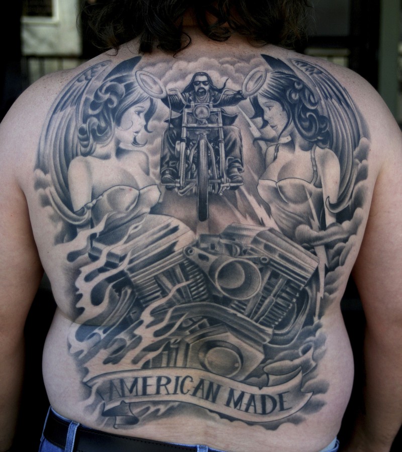 Amazing idea of biker tattoo on whole back
