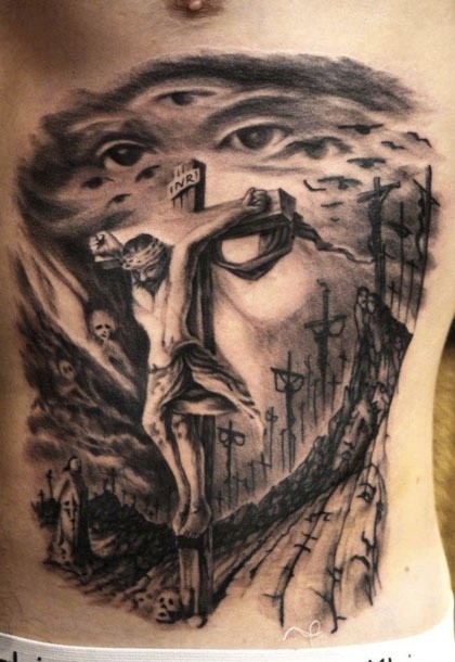 Tatuaje en las costillas,
 idea impresionante de dibujo de jesús