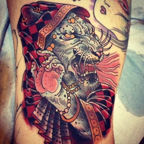 Amazing illustrative style colored tattoo of fantasy human-tiger