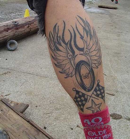 Amazing logo of biker racing tattoo on leg