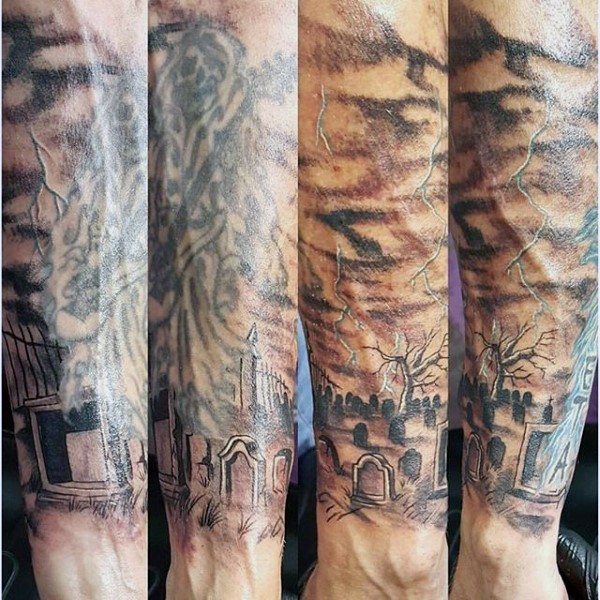 Amazing looking black ink forearm tattoo of old cemetery