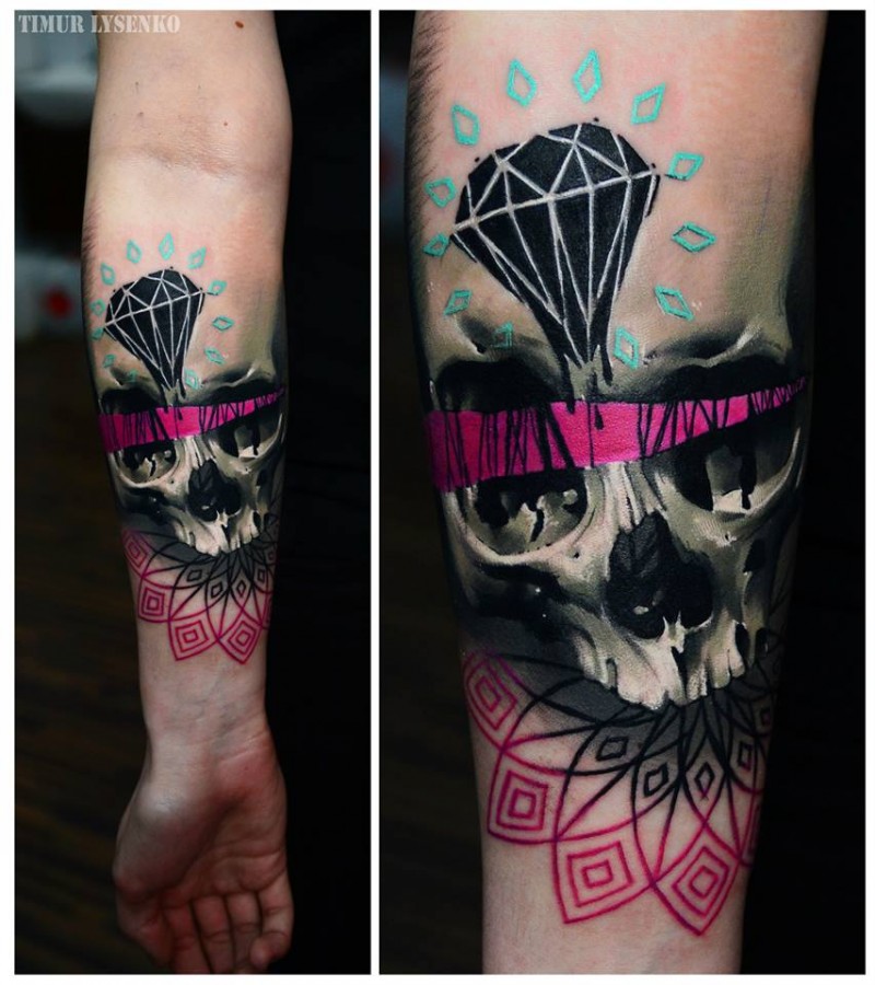Amazing looking colored forearm tattoo of human skull with flower and diamod