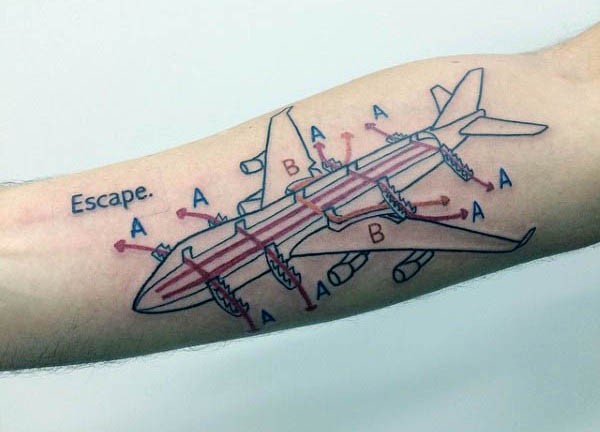 Amazing looking colored plane schematics tattoo on arm with lettering