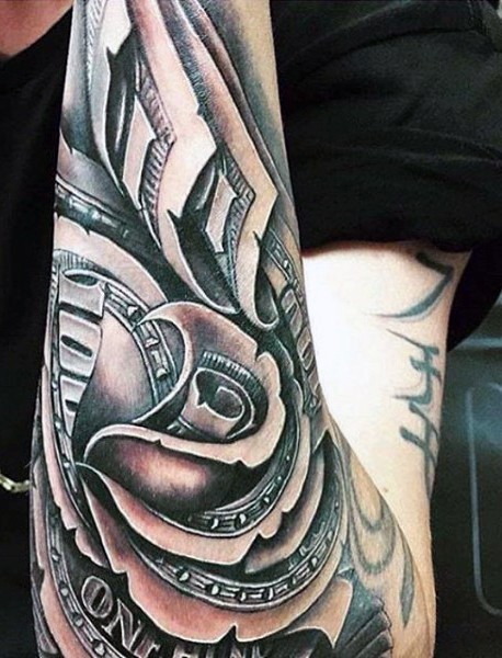 Amazing looking detailed colored flower shaped forearm tattoo of dollar bills