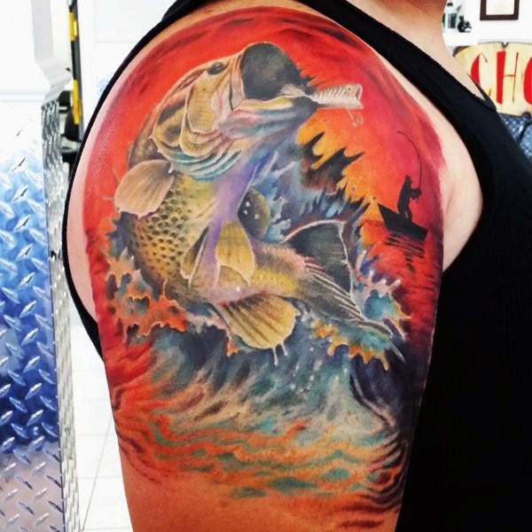 Amazing painted colorful big detailed hooked fish tattoo