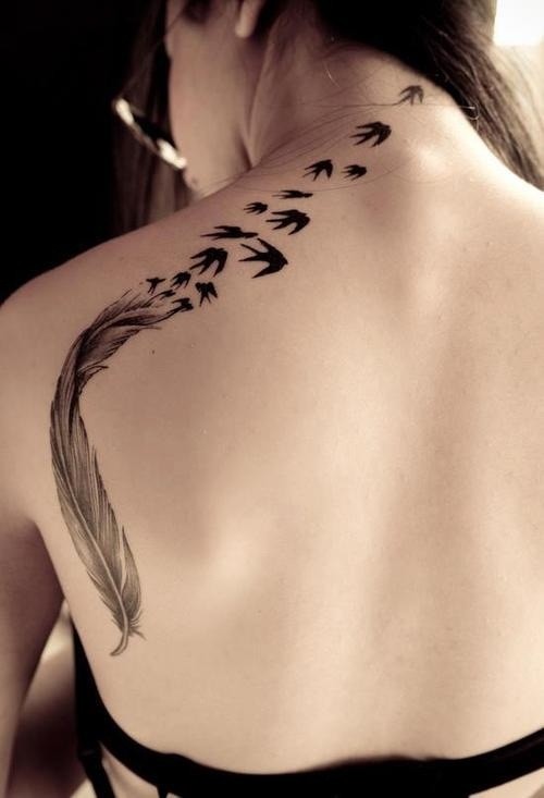 Erstaunliche gemalte Feder und Vogel Tattoo