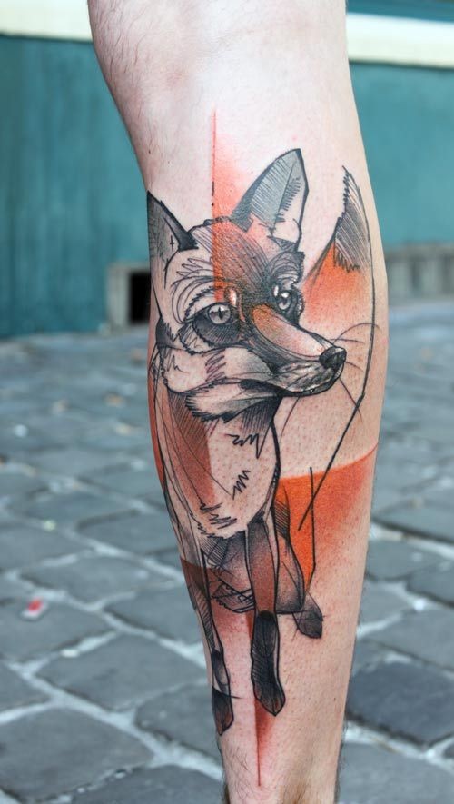 Amazing red fox tattoo on leg by Peter Aurisch