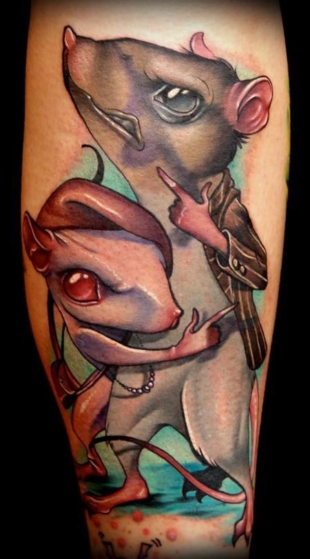 Amazing very detailed colorful forearm tattoo of mice couple