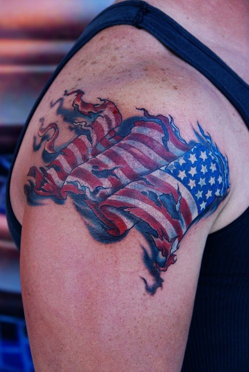 American flag tattoo on shoulder