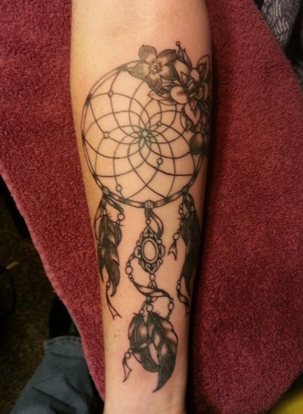 American native big black and white dream catcher tattoo on arm