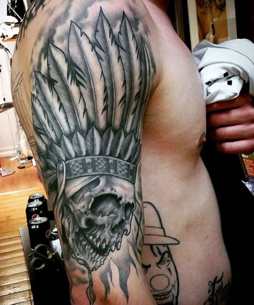 American native big black ink Indian skull tattoo on shoulder