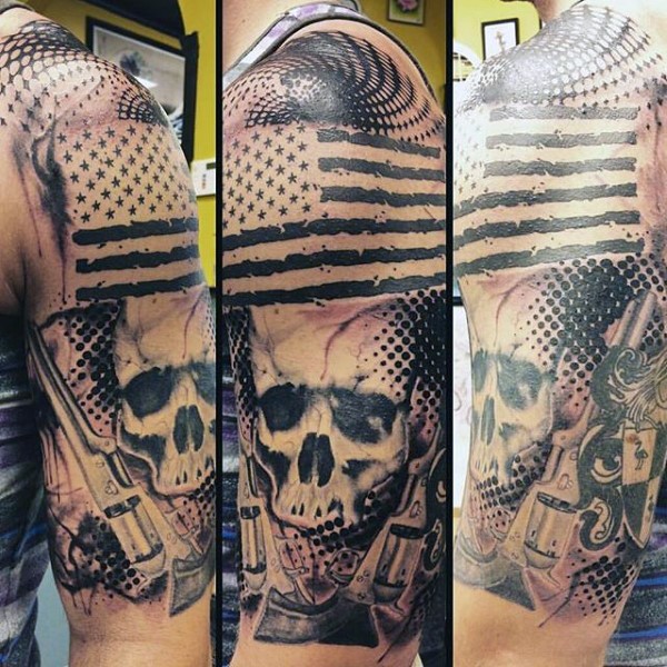 American native black and white western themed half sleeve area tattoo