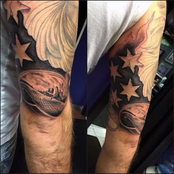 American native black ink flag part with city sights tattoo on shoulder