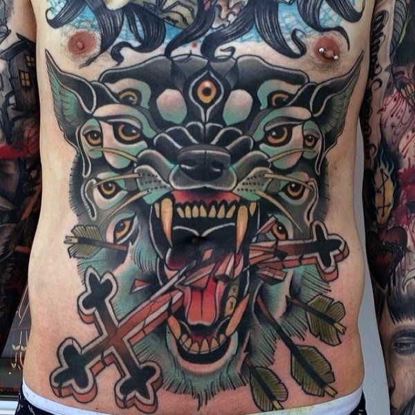 American native colored belly tattoo of demonic wolf with cross and arrows