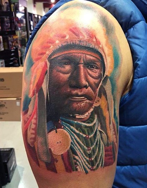 American native colorful very detailed shoulder tattoo of old Indian portrait